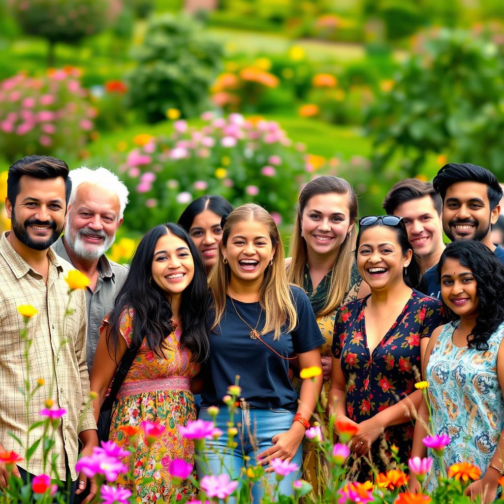 A vibrant scene featuring a diverse group of people standing together, with focus on the central figures, capturing joyful expressions and moments