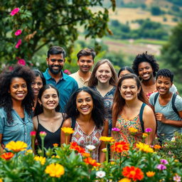 A vibrant scene featuring a diverse group of people standing together, with focus on the central figures, capturing joyful expressions and moments