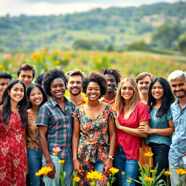 A vibrant scene featuring a diverse group of people standing together, with focus on the central figures, capturing joyful expressions and moments