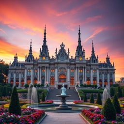 A magnificent palace set against a vibrant sunset, showcasing intricate architectural details such as tall spires, large arched windows, and ornate carvings