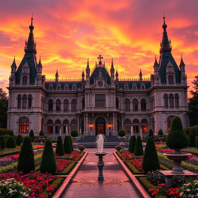 A magnificent palace set against a vibrant sunset, showcasing intricate architectural details such as tall spires, large arched windows, and ornate carvings