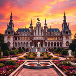A magnificent palace set against a vibrant sunset, showcasing intricate architectural details such as tall spires, large arched windows, and ornate carvings