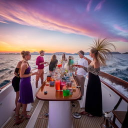 Nautical themed cocktail party at sunset with finely dressed guests holding vibrant tropical cocktails, on a luxury yacht with a rich teak deck, under a vibrant orange and purple sky on calm blue seas.