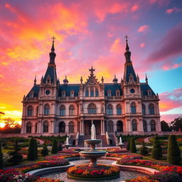 A magnificent palace set against a vibrant sunset, showcasing intricate architectural details such as tall spires, large arched windows, and ornate carvings