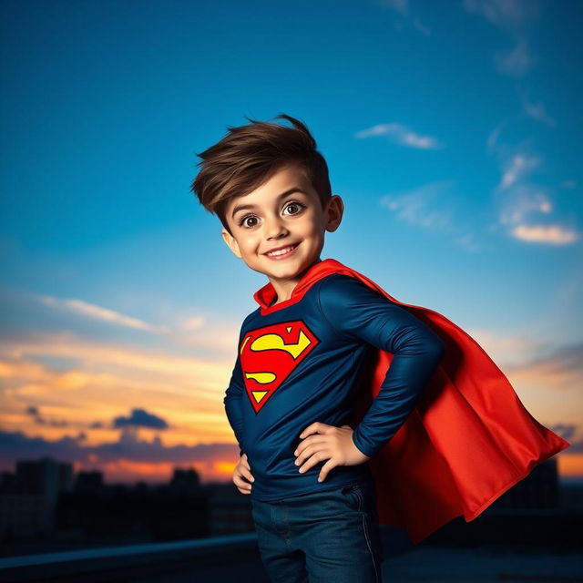 A fantastic boy with bright, expressive eyes, wearing a colorful superhero costume, standing confidently on a rooftop against a beautiful skyline at sunset