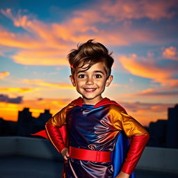 A fantastic boy with bright, expressive eyes, wearing a colorful superhero costume, standing confidently on a rooftop against a beautiful skyline at sunset