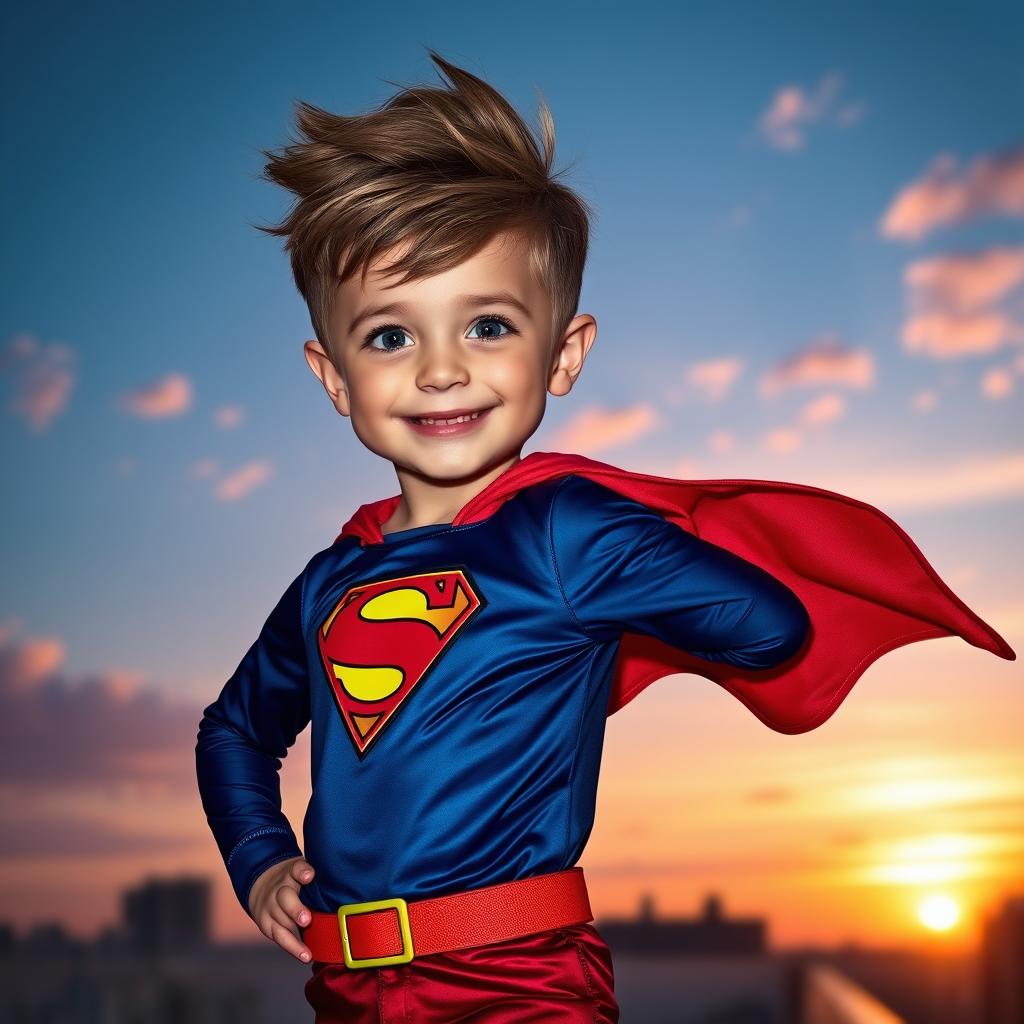 A fantastic boy with bright, expressive eyes, wearing a colorful superhero costume, standing confidently on a rooftop against a beautiful skyline at sunset