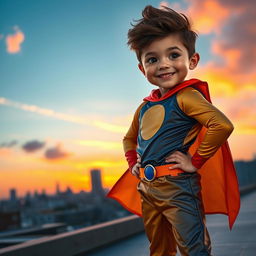 A fantastic boy with bright, expressive eyes, wearing a colorful superhero costume, standing confidently on a rooftop against a beautiful skyline at sunset