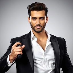 A portrait of a handsome man resembling a Bollywood actor in a stylish black suit and white shirt