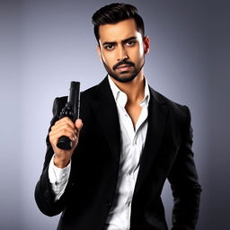 A portrait of a handsome man resembling a Bollywood actor in a stylish black suit and white shirt