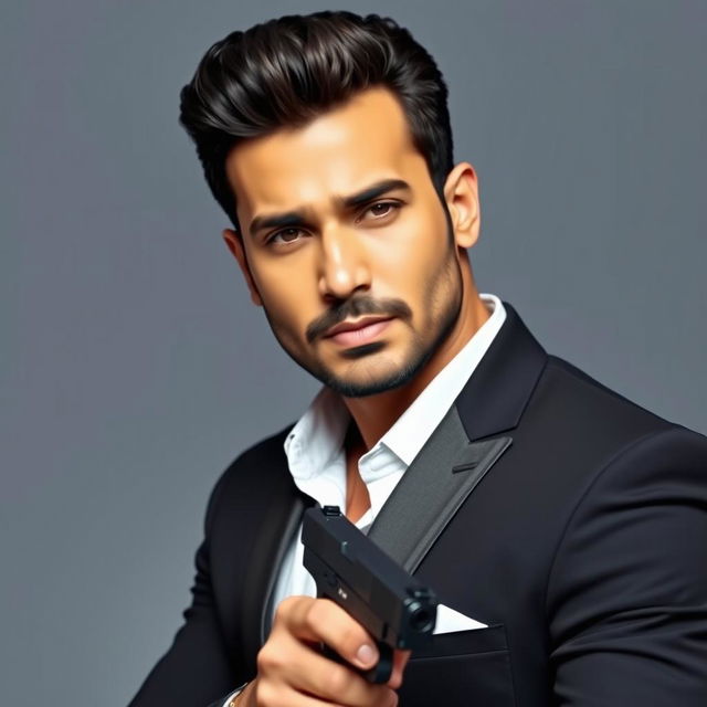 A portrait of a handsome man resembling a Bollywood actor in a stylish black suit and white shirt