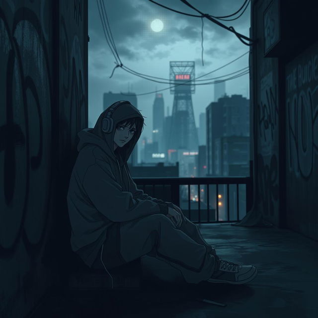 A moody, atmospheric scene depicting a doomer character sitting alone in a dimly lit urban setting