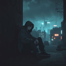 A moody, atmospheric scene depicting a doomer character sitting alone in a dimly lit urban setting