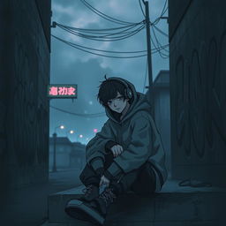 A moody, atmospheric scene depicting a doomer character sitting alone in a dimly lit urban setting