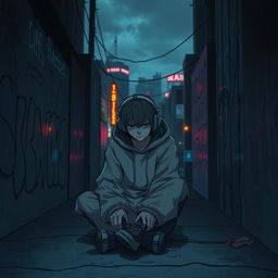 A moody, atmospheric scene depicting a doomer character sitting alone in a dimly lit urban setting