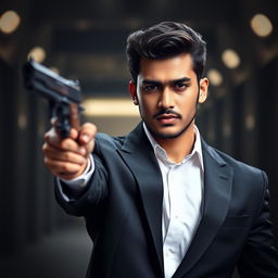A handsome man resembling a Bollywood actor, wearing a sleek black suit with a crisp white shirt, confidently holding a gun in a dramatic pose