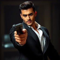 A handsome man resembling a Bollywood actor, wearing a sleek black suit with a crisp white shirt, confidently holding a gun in a dramatic pose