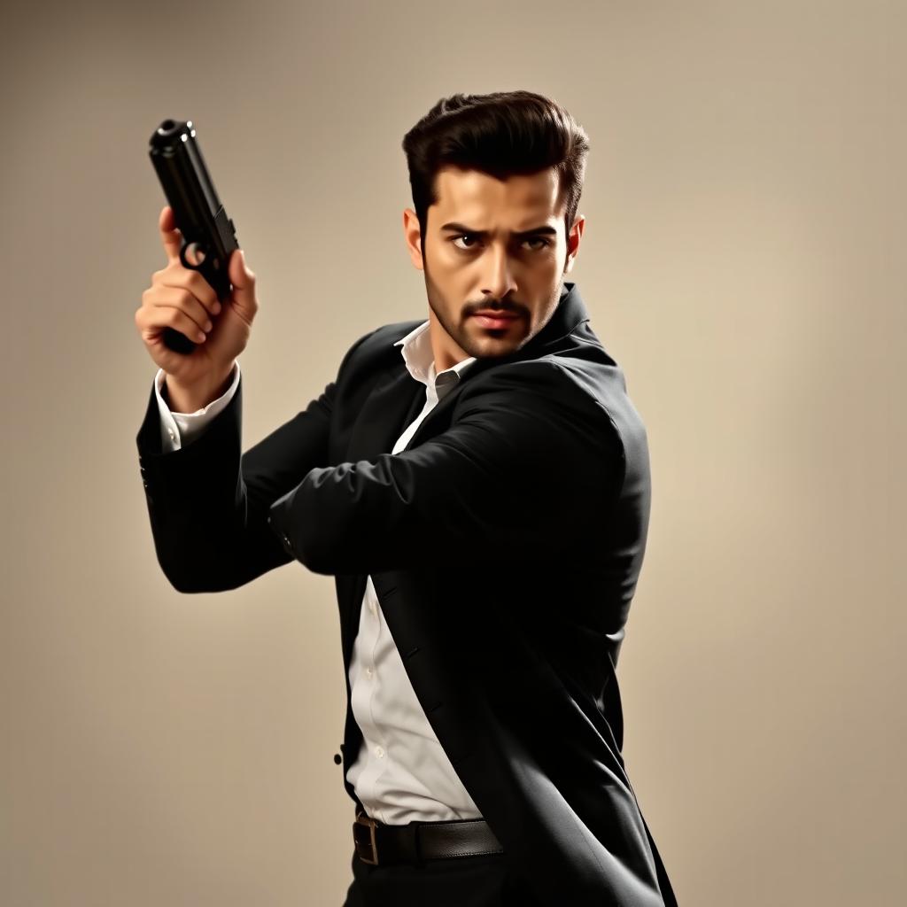 A handsome man resembling a Bollywood actor, wearing a sleek black suit with a crisp white shirt, confidently holding a gun in a dramatic pose