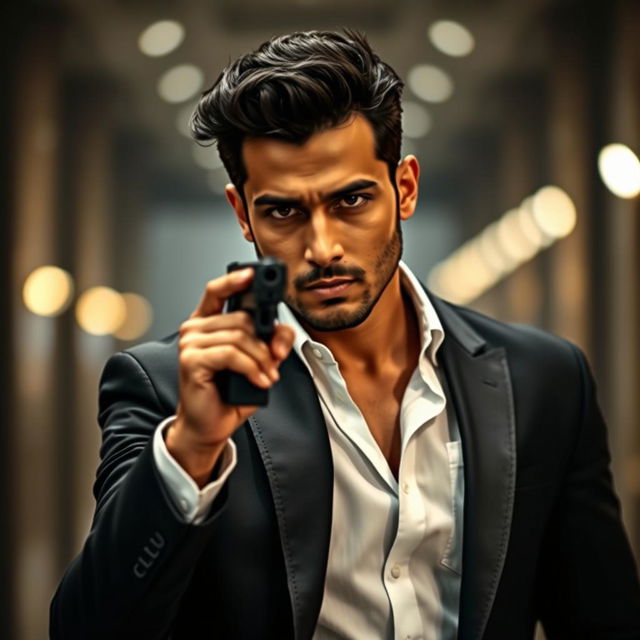 A handsome man resembling a Bollywood actor, wearing a sleek black suit with a crisp white shirt, confidently holding a gun in a dramatic pose