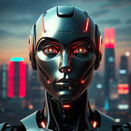 An AI-generated portrait of a futuristic humanoid robot with sleek metallic features and vibrant LED accents