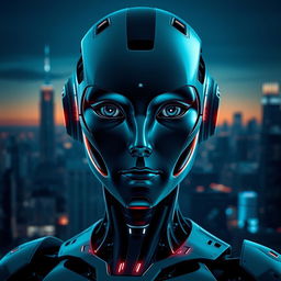 An AI-generated portrait of a futuristic humanoid robot with sleek metallic features and vibrant LED accents