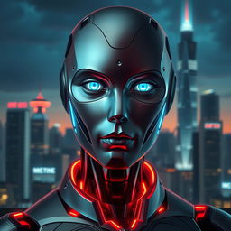 An AI-generated portrait of a futuristic humanoid robot with sleek metallic features and vibrant LED accents