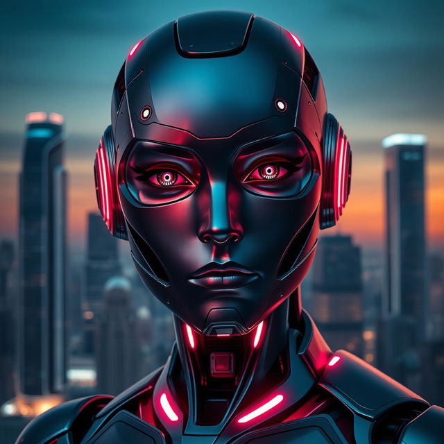 An AI-generated portrait of a futuristic humanoid robot with sleek metallic features and vibrant LED accents