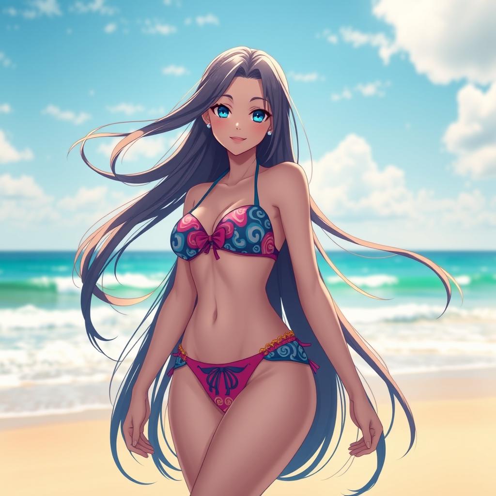 A stunning anime girl in a vibrant, colorful bikini that showcases her figure; she has long, flowing hair that billows elegantly in the breeze, and an enticing smile on her face