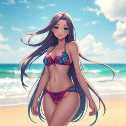 A stunning anime girl in a vibrant, colorful bikini that showcases her figure; she has long, flowing hair that billows elegantly in the breeze, and an enticing smile on her face