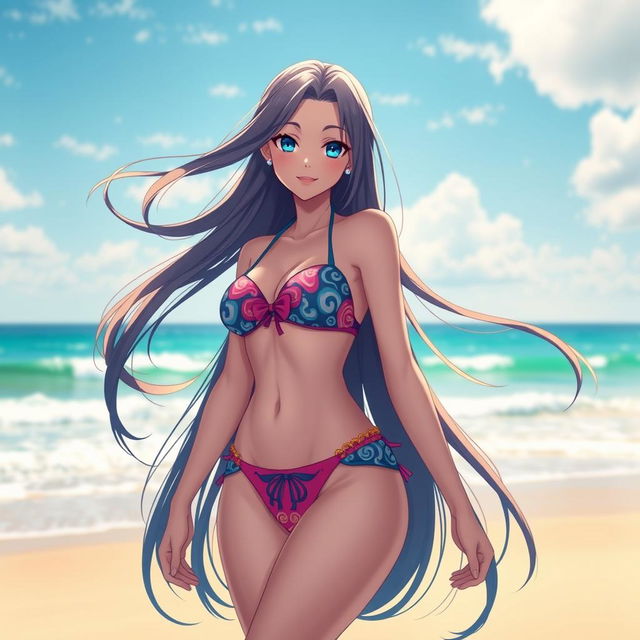 A stunning anime girl in a vibrant, colorful bikini that showcases her figure; she has long, flowing hair that billows elegantly in the breeze, and an enticing smile on her face