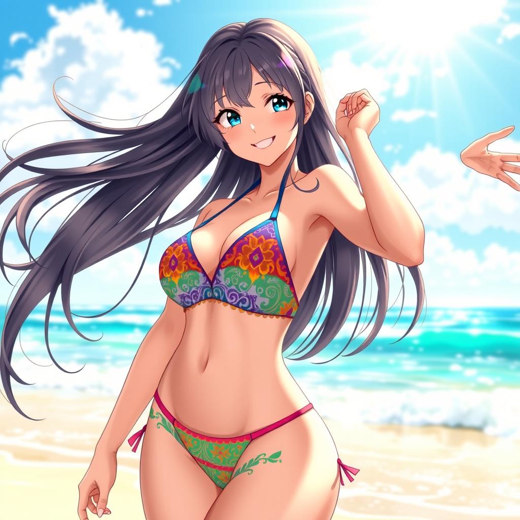 A stunning anime girl in a vibrant, colorful bikini that showcases her figure; she has long, flowing hair that billows elegantly in the breeze, and an enticing smile on her face