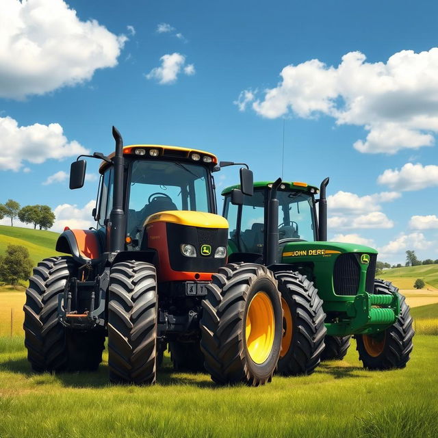 An artistic depiction of a T-150K tractor next to a John Deere tractor, set in a picturesque rural landscape