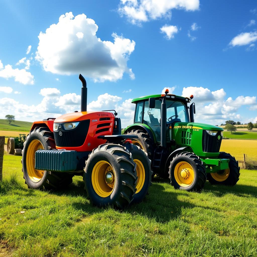 An artistic depiction of a T-150K tractor next to a John Deere tractor, set in a picturesque rural landscape