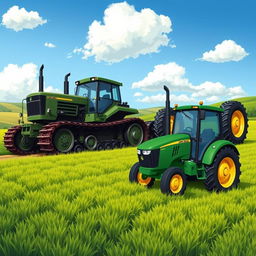A detailed illustration of two powerful tractors: the T-150K and a John Deere tractor
