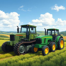 A detailed illustration of two powerful tractors: the T-150K and a John Deere tractor