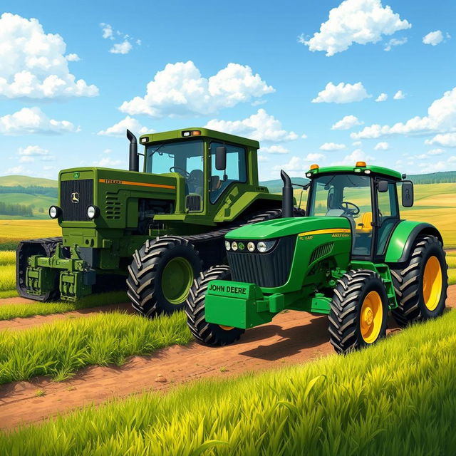 A detailed illustration of two powerful tractors: the T-150K and a John Deere tractor