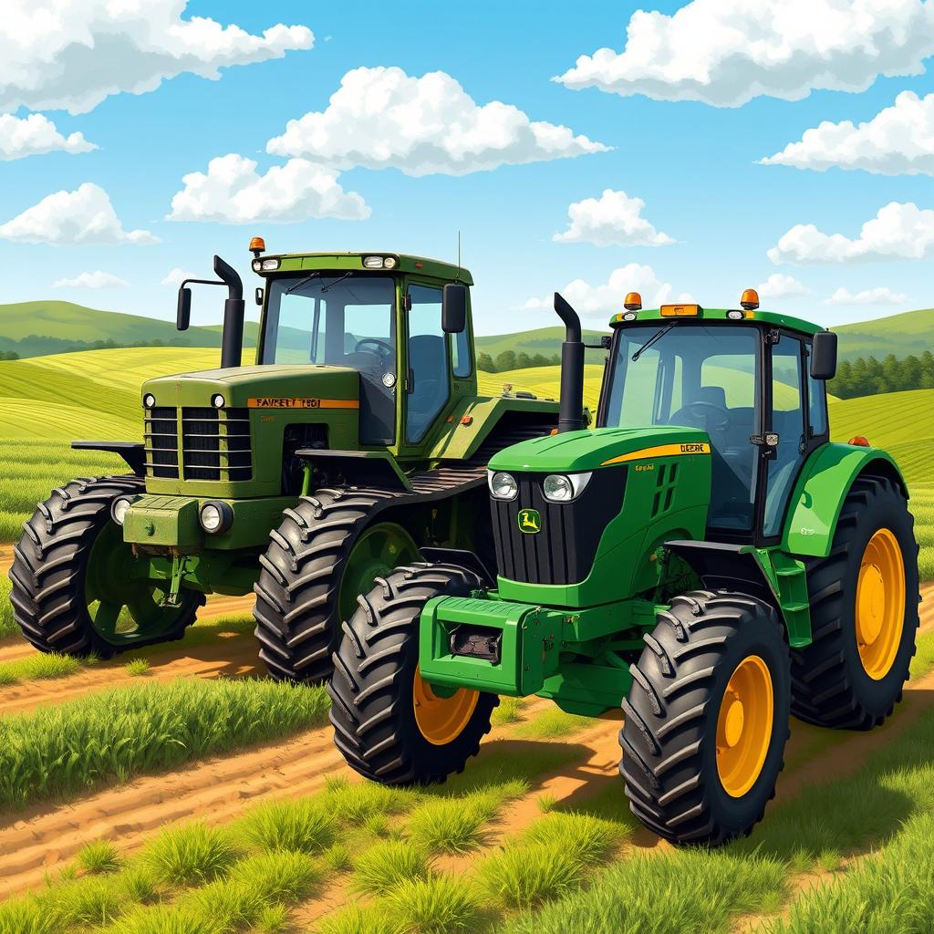 A detailed illustration of two powerful tractors: the T-150K and a John Deere tractor