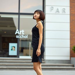 A photorealistic depiction of a slim Asian lady with a bobcut hairstyle and very small breasts standing straight up in front of an art school building