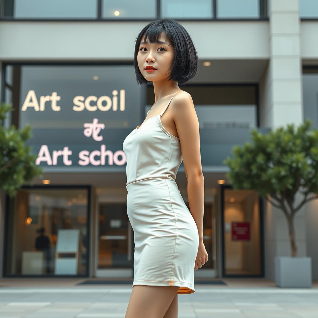 A photorealistic depiction of a slim Asian lady with a bobcut hairstyle and very small breasts standing straight up in front of an art school building