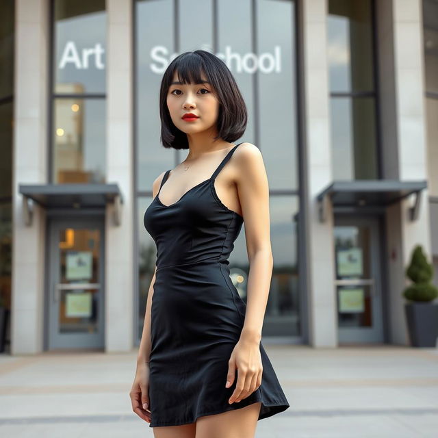 A photorealistic depiction of a slim Asian lady with a bobcut hairstyle and very small breasts standing straight up in front of an art school building