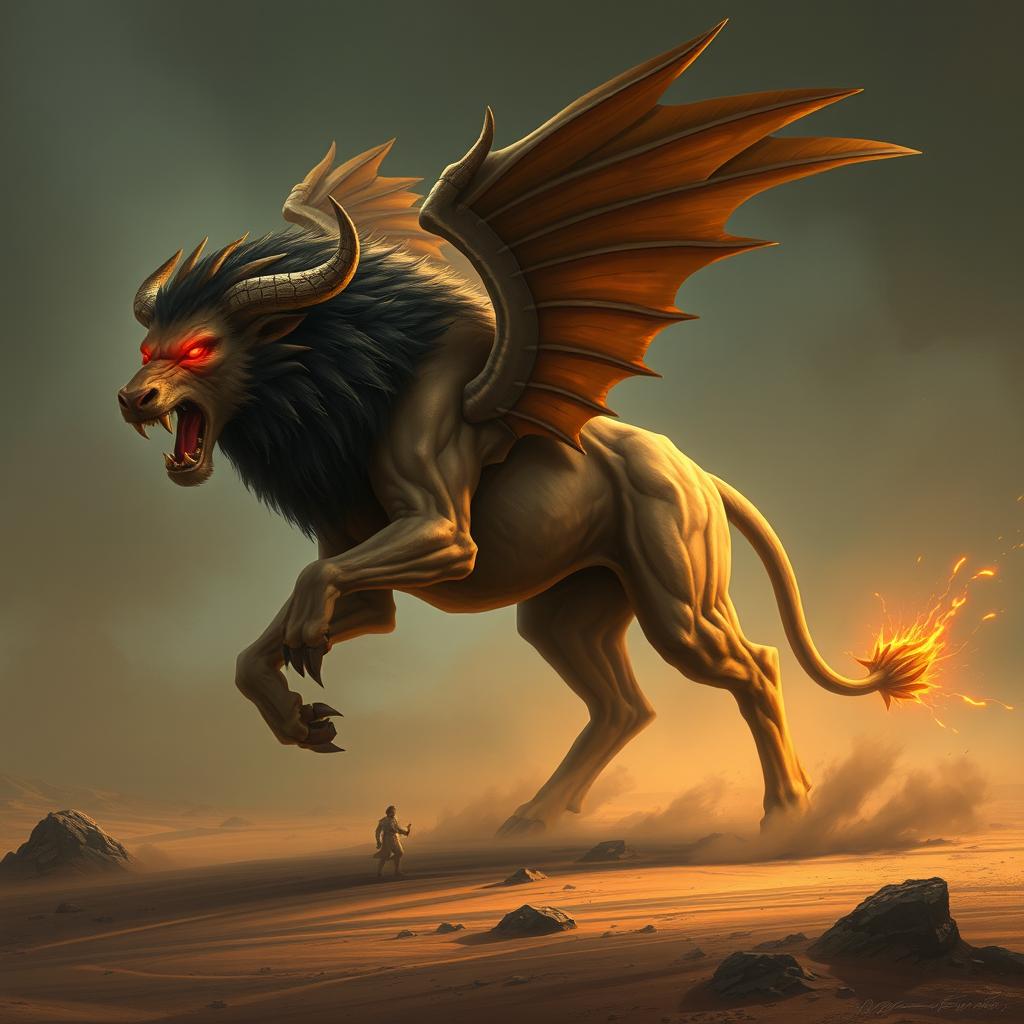 A mythical creature called Al-Jabouq from Arab legends, depicted as a large beast with the following features: a powerful lion's head, a massive bull's body, a long horse's tail, and large wings