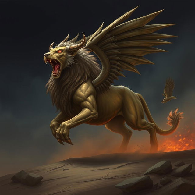 A mythical creature called Al-Jabouq from Arab legends, depicted as a large beast with the following features: a powerful lion's head, a massive bull's body, a long horse's tail, and large wings