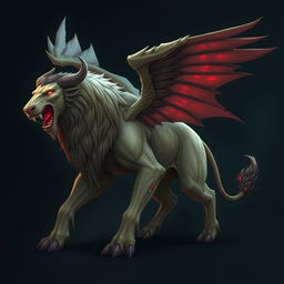 A mythical creature called Al-Jabouq from Arab legends, depicted as a large beast with the following features: a powerful lion's head, a massive bull's body, a long horse's tail, and large wings