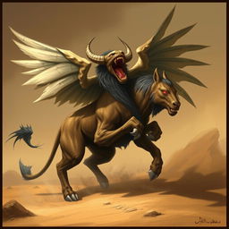 A mythical creature called Al-Jabouq from Arab legends, depicted as a large beast with the following features: a powerful lion's head, a massive bull's body, a long horse's tail, and large wings