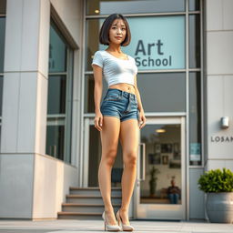 A photorealistic image of a slim Asian lady with a bobcut hairstyle and very small breasts, standing confidently in front of an art school building