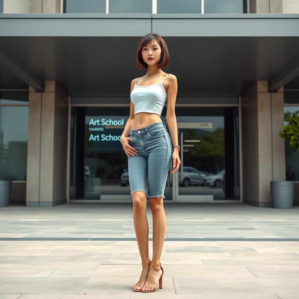 A photorealistic image of a slim Asian lady with a bobcut hairstyle and very small breasts, standing confidently in front of an art school building