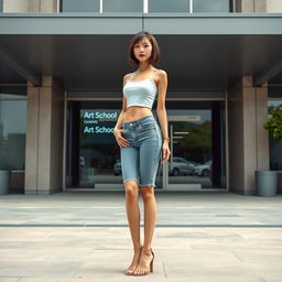 A photorealistic image of a slim Asian lady with a bobcut hairstyle and very small breasts, standing confidently in front of an art school building