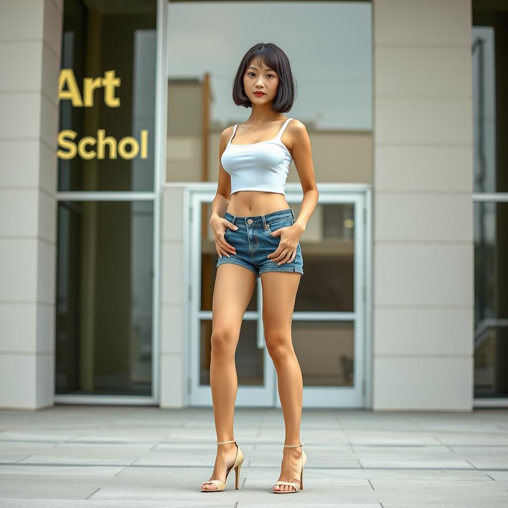 A photorealistic image of a slim Asian lady with a bobcut hairstyle and very small breasts, standing confidently in front of an art school building