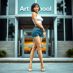 A photorealistic image of a slim Asian lady with a bobcut hairstyle and very small breasts, standing confidently in front of an art school building