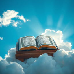 A beautifully illuminated Quran resting on a wooden stand (rahal) in the sky, surrounded by fluffy white clouds